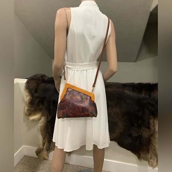 Handmade Genuine Premium Leather Floral Print Wooden Frame Bag with 2 Straps - Picture 13 of 16